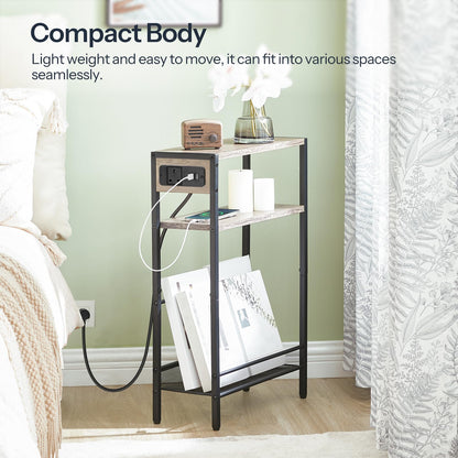 HOOBRO Slim Side Table with Charging Station, Narrow Side Table with USB Ports and Power Outlet, 42 x 18 x 65 cm, 3-Tier End Table for Small Space,