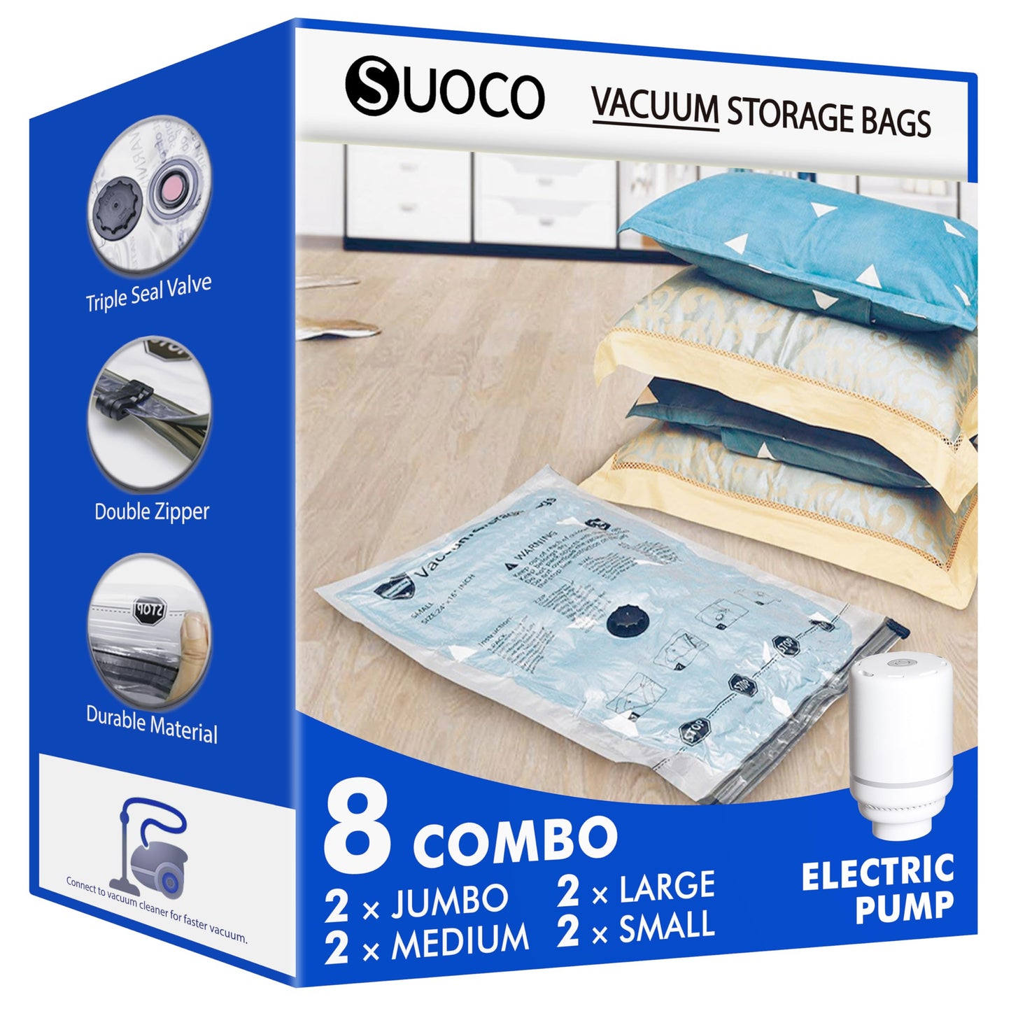 Vacuum Storage Bags with Electric Pump 8 Combo, (2 Jumbo, 2 Large, 2 Medium, 2 Small) Travel Compression Seal Space Saver Bags for Clothes, Duvets