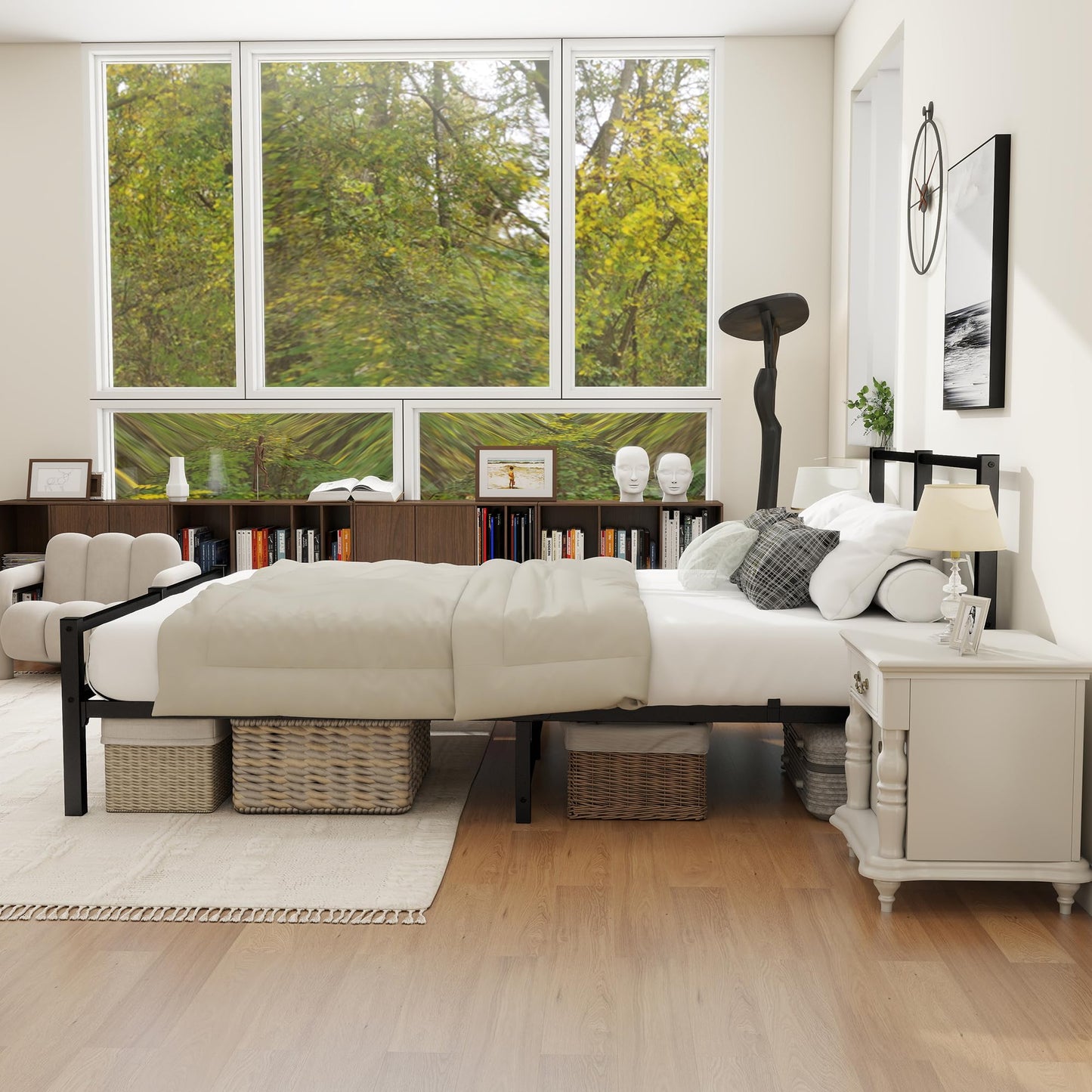 MOFLUT 4ft6 Double Bed Frame with Headboard, Metal Slats Support Platform Bed Frames Double Bed with Storage Under Bed