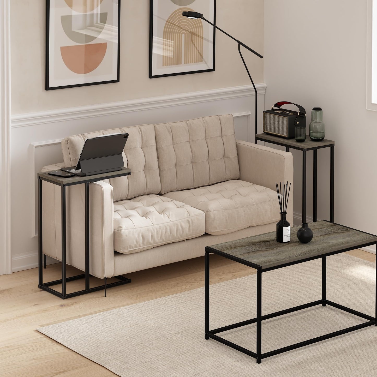 Furinno CAMNUS Side Table Set of 2, C-shape Sofa End Table for Couch, Metal Frame Night Stand, Bedside Table, for Living Room, Bedroom