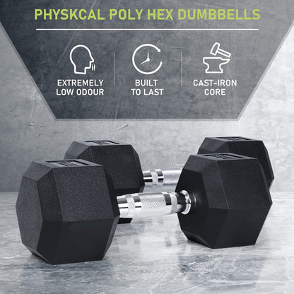 PhysKcal Hex Dumbbells 15kg Single, Odourless Poly Rubber Encased Dumbbells Set 2.5KG 5KG 7.5KG 10KG 12.5KG 15KG 20KG Home Gym Weights Set