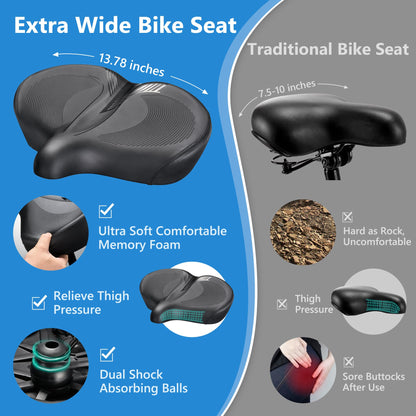 DAWAY W60 Extra Wide Bike Seat - Ultra Comfortable Memory Foam Saddle for Outdoor Indoor Rides, Ergonomic, with Shock Absorbers, Universal Fit for