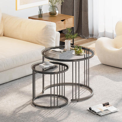 Huhote Round Coffee Tables, Set of 2 End Table, Nesting Tables, Side Table with Metal Frame for Living Room/Bedroom/Balcony/Office/Apartment