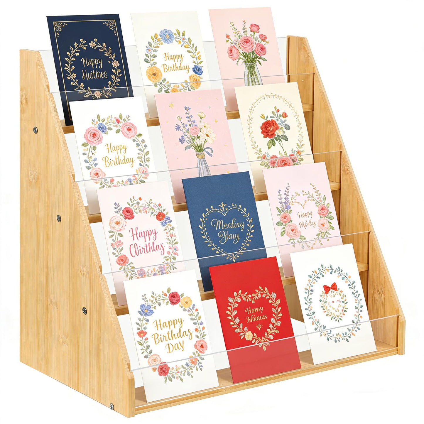 Worephu Premium 4-Tier Bamboo Acrylic Card Rack, Space-Saving Display Stand for Postcards, Greeting Cards, Brochures & Picture