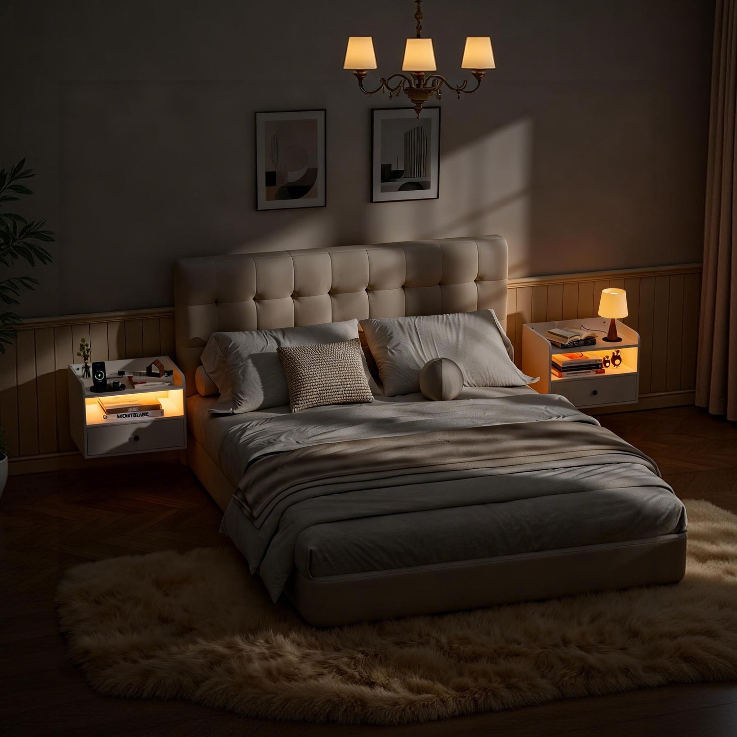 BonVache Set of 2 Floating Bedside Tables, Multi-Function Adjustable Lighting and Charging Station, Floating nightstand with Open Shelf and Drawer