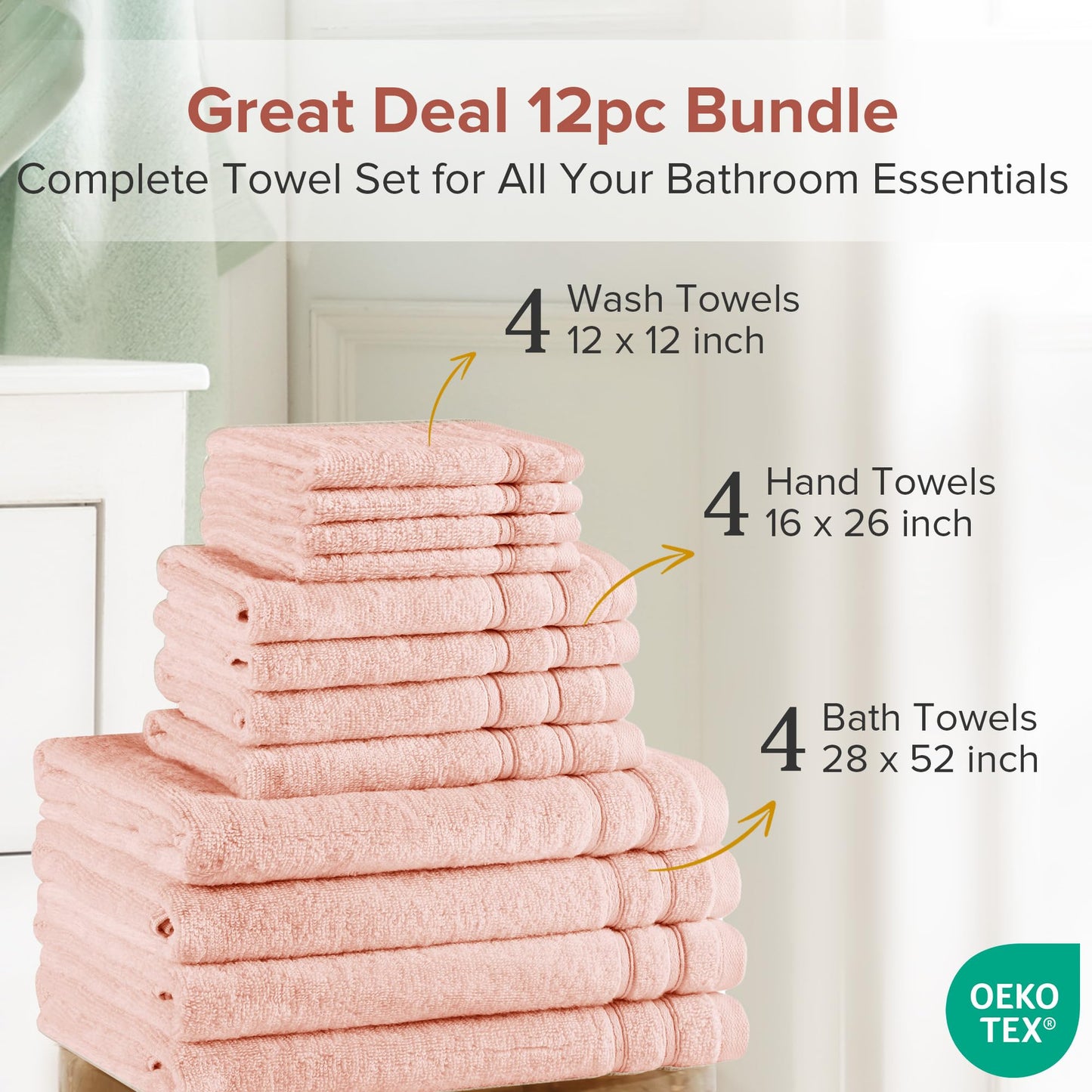 Comfort Spaces Towel Set for Bathroom 12 Piece Luxury Bath Towel Set 4 Hand Towel for Bathroom 4 Washcloth 4 Large Bath Pink Towel Sets 100% Cotton
