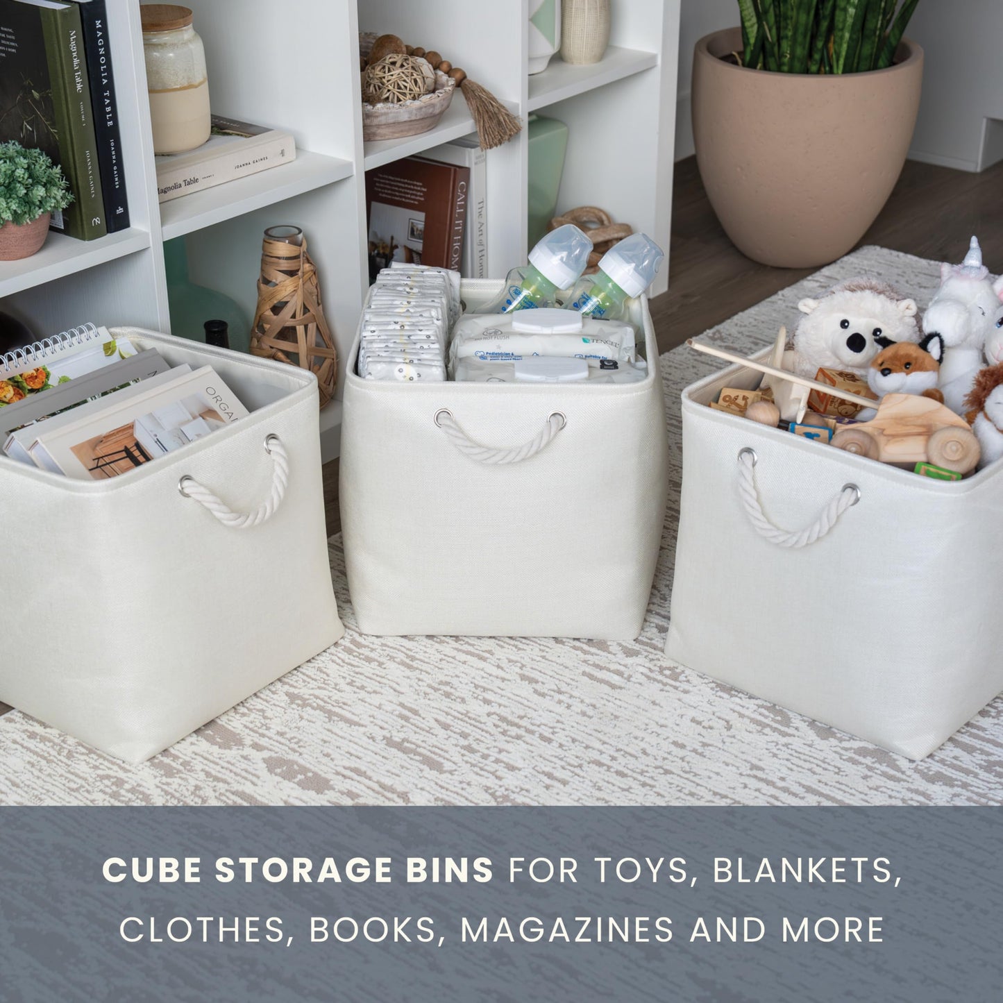 OrganiHaus Fabric Storage Boxes, Set of 3 Foldable 33X33 Cube Organiser Bins with Rope Handles for Shelves, Nursery & Closet