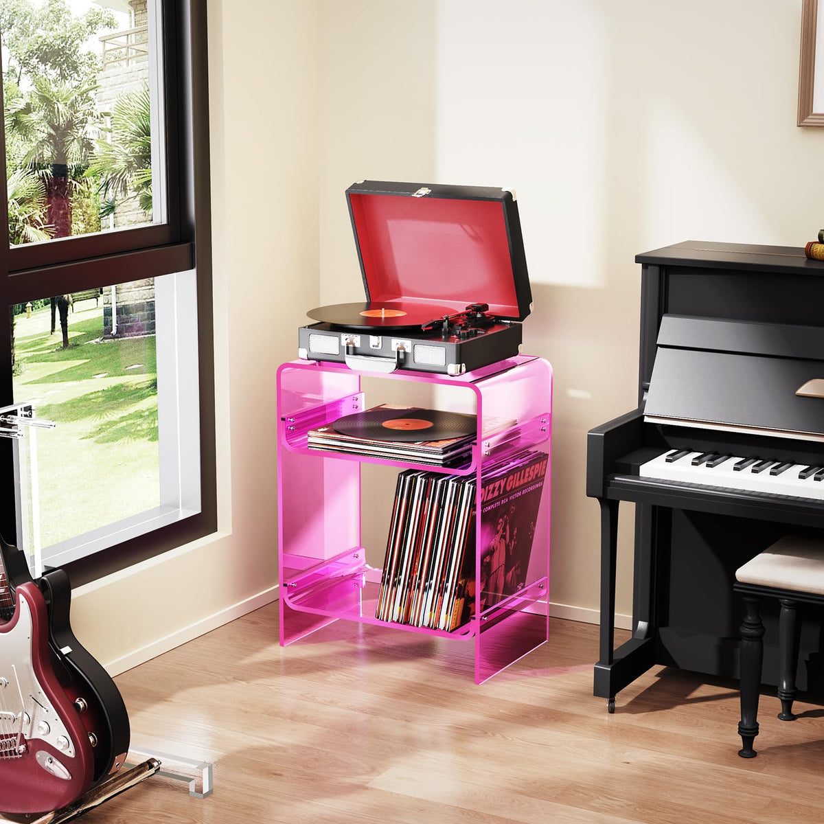 Acrylic Record Player Table with Storage Shelf, Clear Side Table, Nightstand Pink, 45×30×58 cm, Acrylic