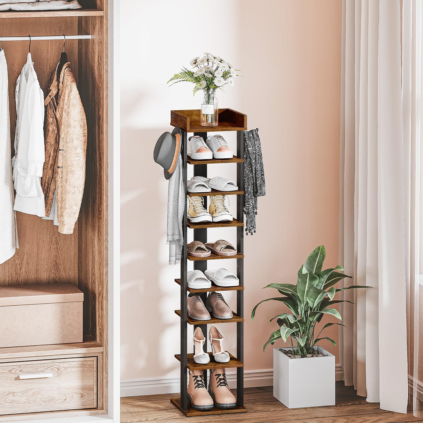 HOOBRO Narrow Shoe Rack, 9-Tier Tall Shoe Rack, Wooden Shoe Storage Organizer with 2 Hooks, Slim Shelf, Vertical Shoe Tower for Entrance, Industrial