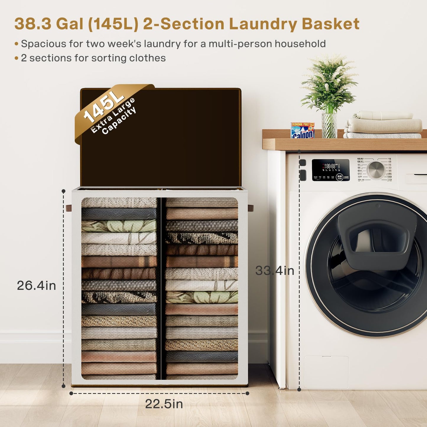 SOLEDI 145L Laundry Basket with Lid and Removable Bags, Large Laundry Hamper Collapsible Laundry Basket with 2 Compartment, Washing Basket for Laundry