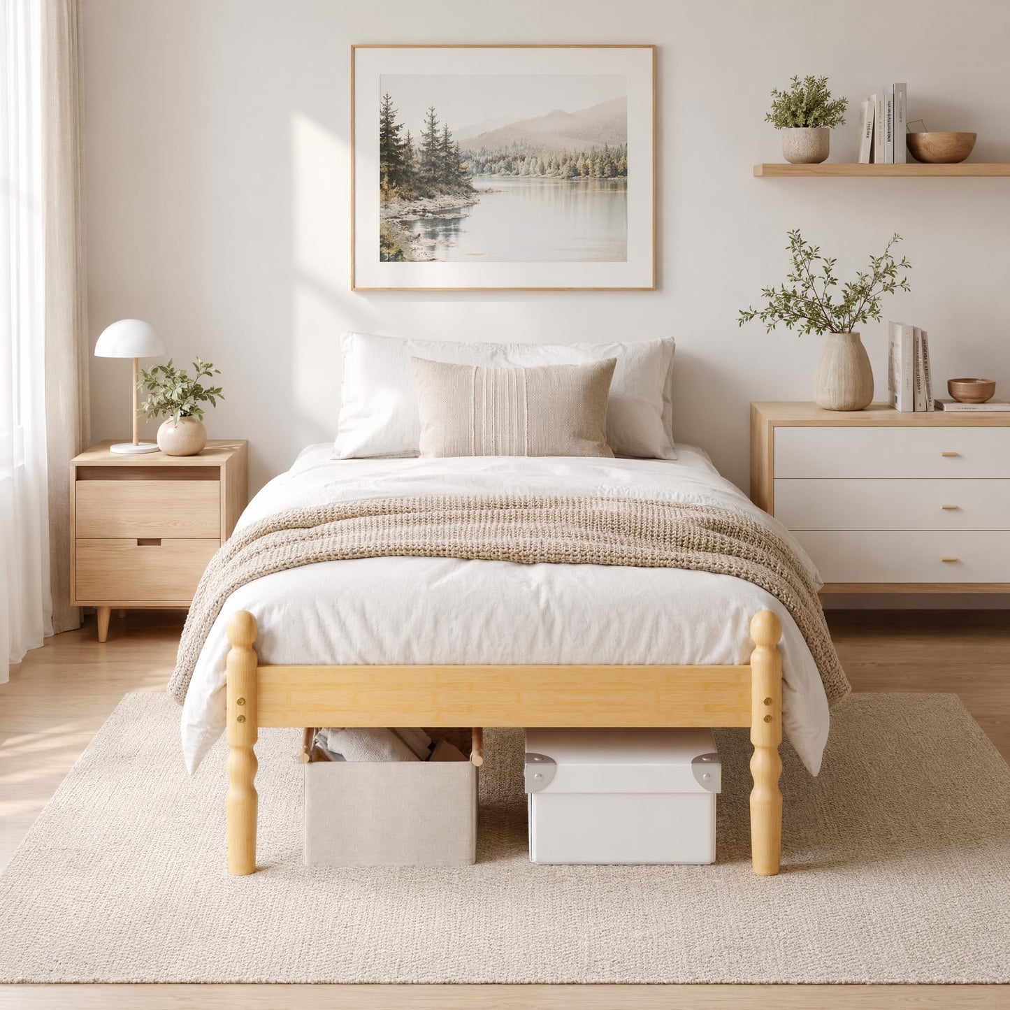 APEXTELLA HOME Single Bed Frame 14-inch Natural Bamboo Wood Platform Bed with Metal Slats Support and Mattress Slide Stopper, Underbed Storage Space