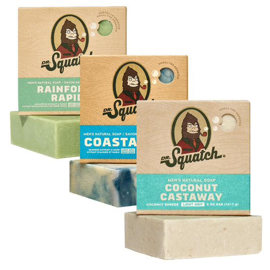 Dr. Squatch Natural Bar Soap for Men - Cold Process Soap with No Harmful Ingredients - Coconut Castaway, Rainforest Rapids and Coastal Mist (5 oz,