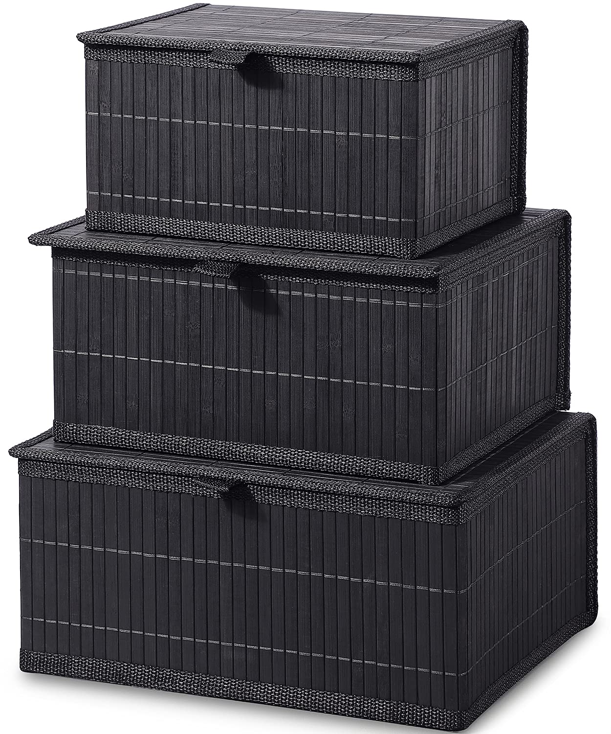 Honygebia Storage Basket with Lid – Black Decorative Bamboo Box for Organizing, Set of 3 Wicker Basket and Woven Fabric Lining for Home, Kitchen