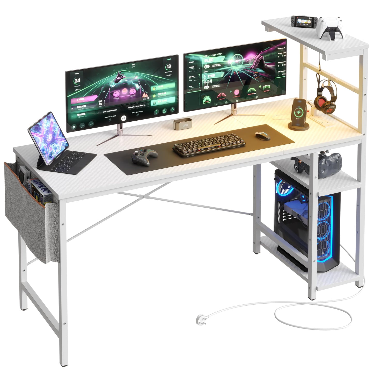 Bestier 155CM Corner Desk with Power Outlets Large Computer Desk with LED Lights Reversible Writing Table with Side Pocket Storage Bag & Accessories