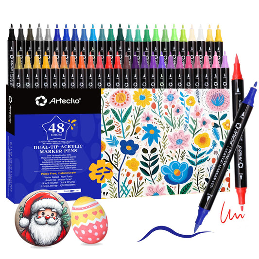 Artecho Acrylic Paint Pens 48 Colors, Dual Tip Acrylic Paint Markers with Brush Tip and Fine Tip for Rock Painting, Glass, Paper, Wood, Egg, Canvas,