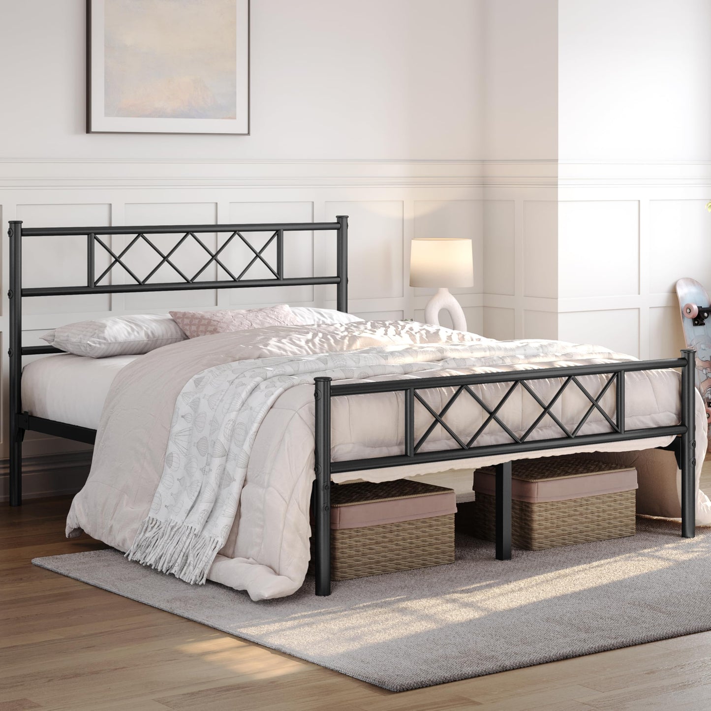 Yaheetech 5ft King Metal Bed Frame with Cross-design Headboard, Black