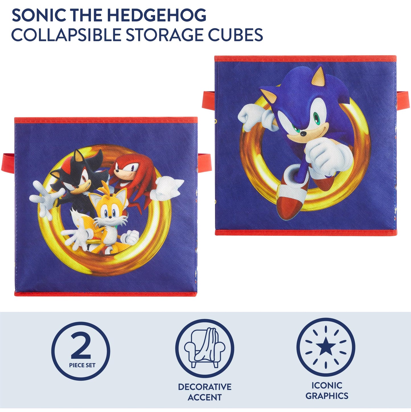 Idea Nuova Sonic the Hedgehog Set of 2 Durable Storage Cubes with Handles, 10"x10"x10" Cubes