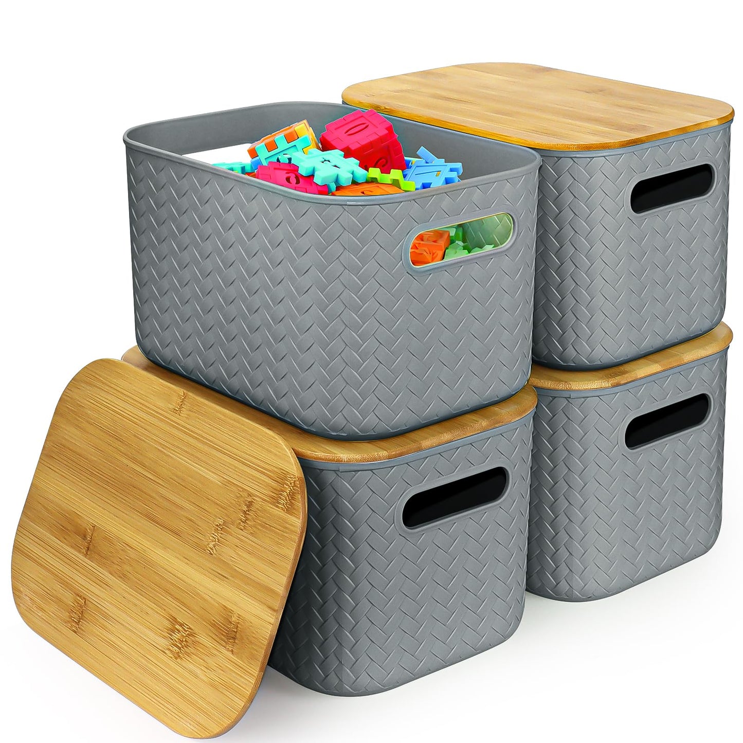 RWFMO 4 Pcs Plastic Grey Storage Baskets with Bamboo Lid for Bathroom