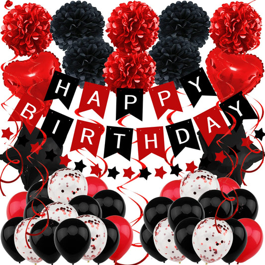 ZERODECO Birthday Decorations, Black and Red Birthday Party Decorations Happy Birthday Banner Pompoms Balloon for Men Women Birthday Party Decorations