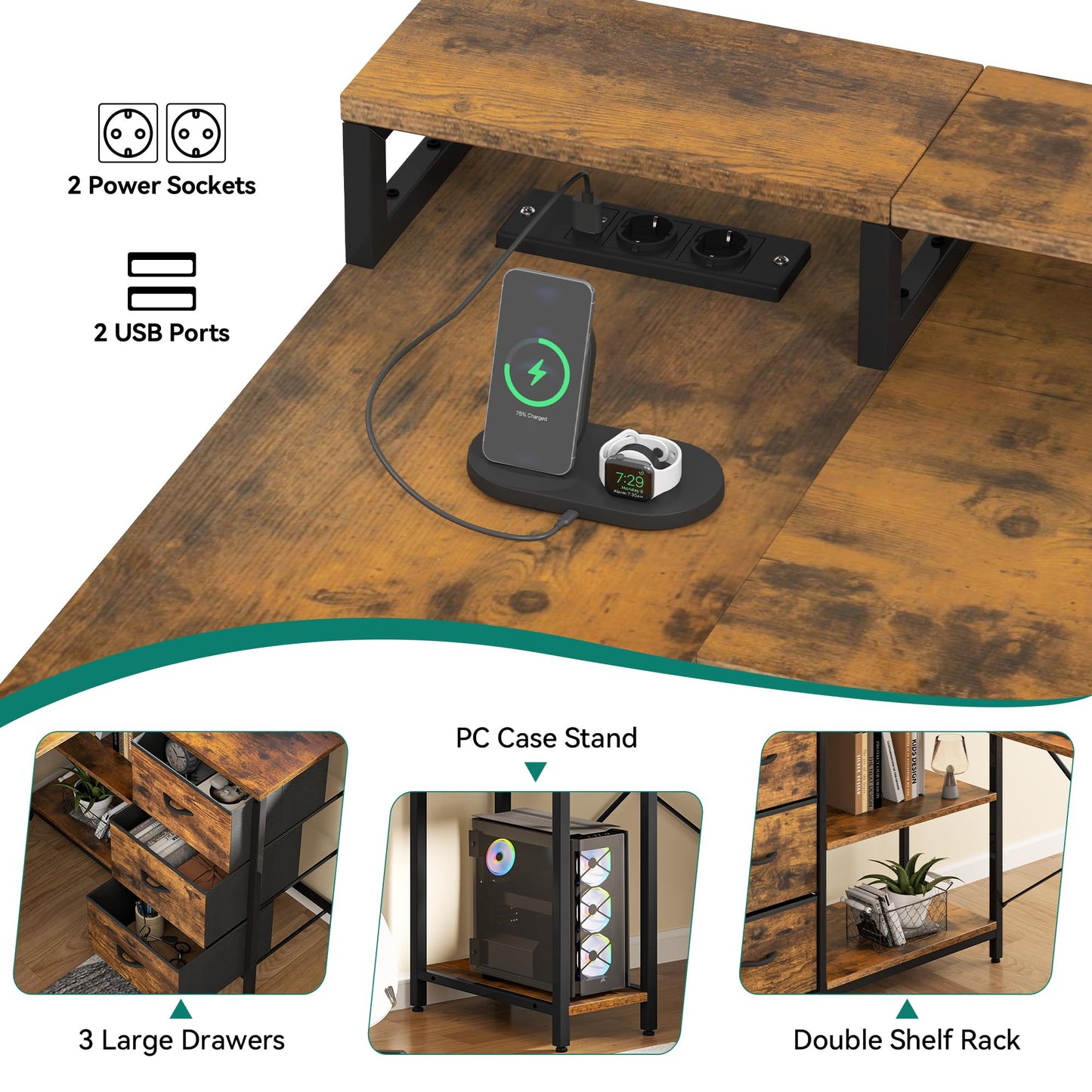 YITAHOME L Shaped Computer Desk with Drawers Power Outlet 140cm Brown