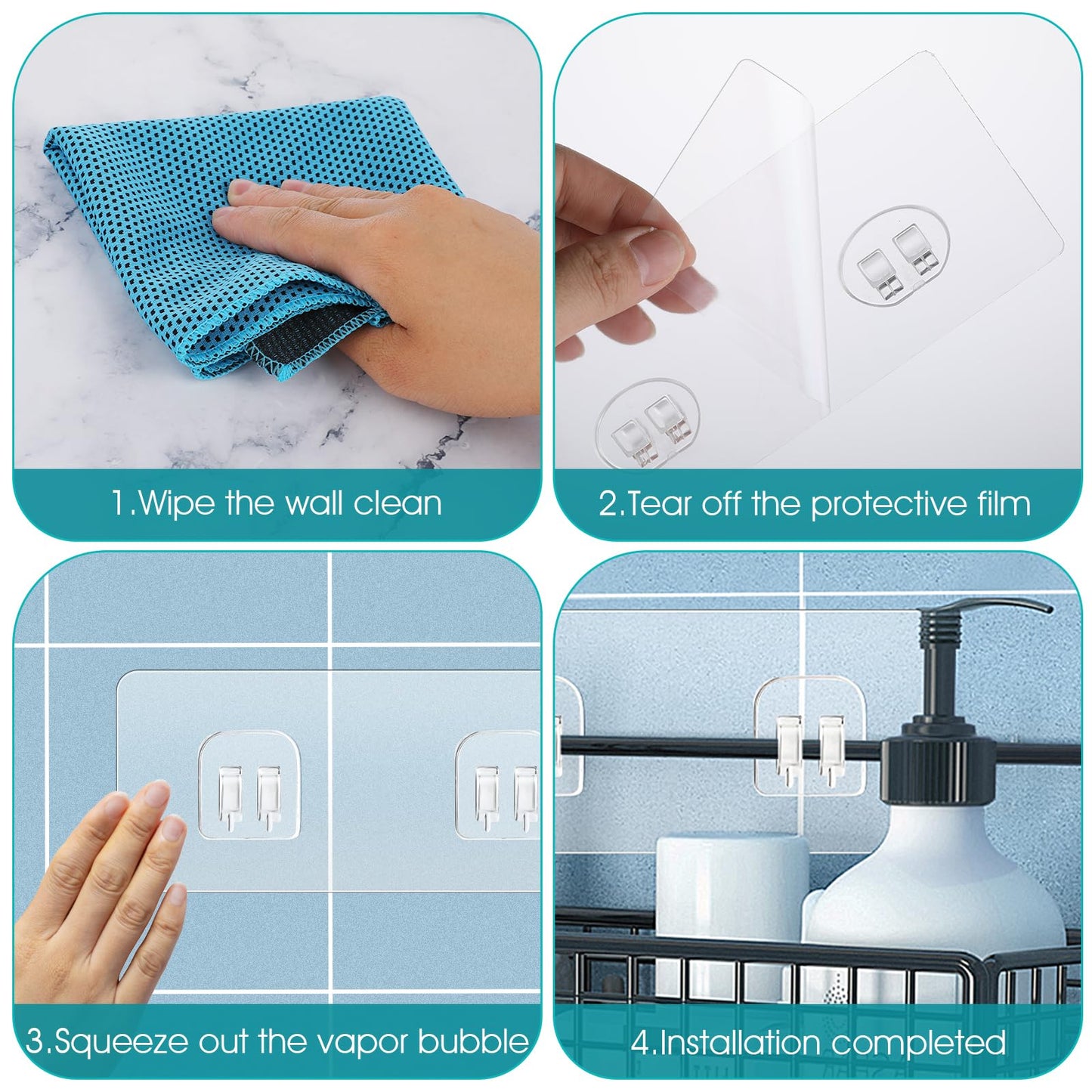 Shower Caddy Adhesive Replacement, Transparent Strong Adhesive Hooks, No Drilling Waterproof Wall Hooks for Shower Caddy, Corner Shower Shelves