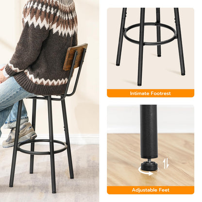 HOOBRO Bar Stools Set of 2, Breakfast Bar Stools, Kitchen Stools with Backs and Footrest, High Bar Chairs for Dining Room, Party, Rustic Brown