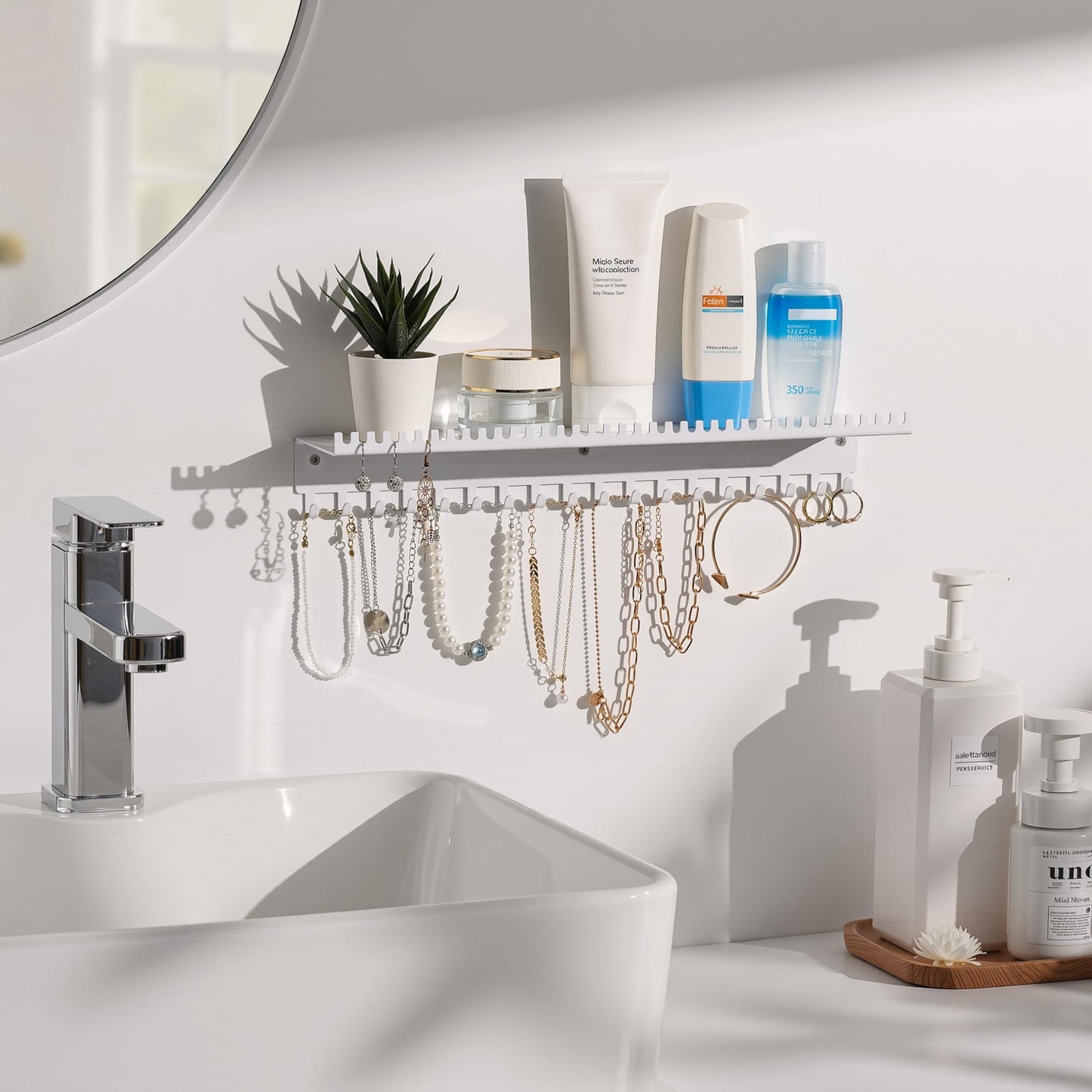 Josmimic Necklace Holder Wall Hanging Organiser: Wall Mounted Jewellery Shelf with 56 Hooks and Tray, Display Hanger for Kids, Girls and Women