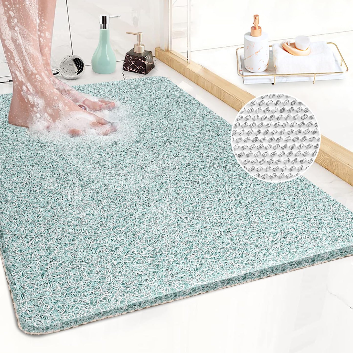 Non Slip Anti Mould Bath Mat - 60 x 40 cm Anti Slip Mat for Inside Shower - Loofah Shower Mat Green - Long Washable Matt for Elderly & Wet Room