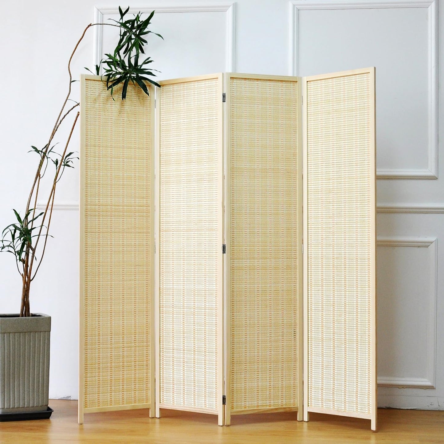 Furnnylane 4 Panel Bamboo Room Divider and Folding Panel Screen,Bamboo Panel Divider for Room Separation,Beige,170 cm H x 156 cm W