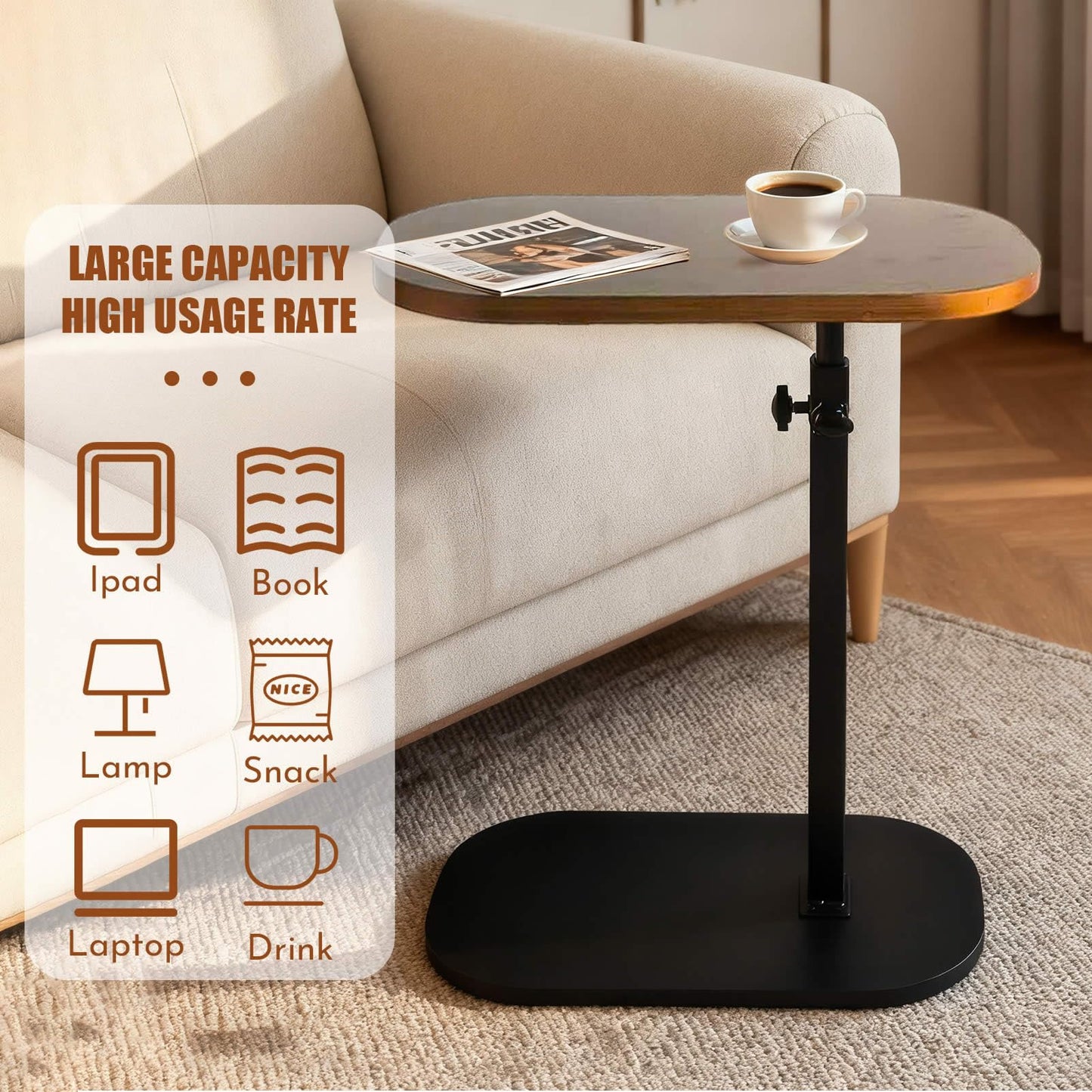 YASHIIN C Shaped Side Table,Adjustable Height, TV Tray Rotating Sofa End Table, Walnut Wood Modern Design, for Living Room and Bedroom