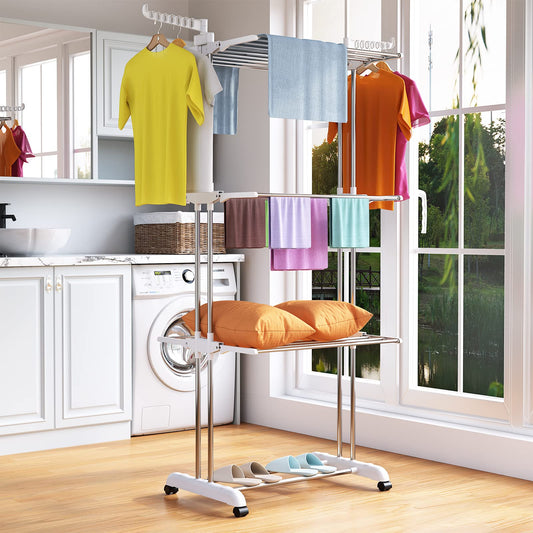 Innotic Clothes Drying Rack Foldable 4 Tier Clothes Airer Stainless Steel Portable Clothes Rail Laundry Dryer Hanger Rack with Wheels for Indoor