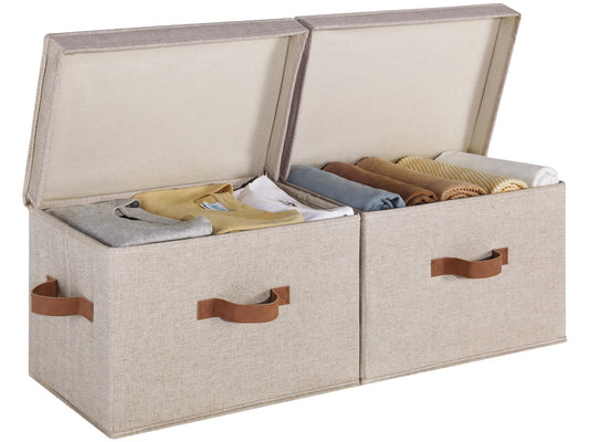 StorageWorks Closet Storage Bin with Lids, Decorative Storage Boxes with Handles, Fabric Storage Bins for Clothes, Large, Brown and Beige, 2-Pack
