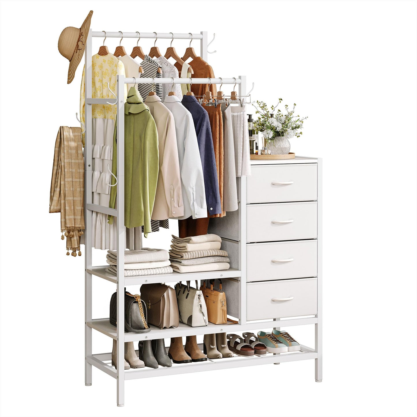 Feonase 3 in 1 Chest of Drawers Bedroom, Including 4 Fabric Drawers, with a 2 Coat Rail and 5 Coat Hooks