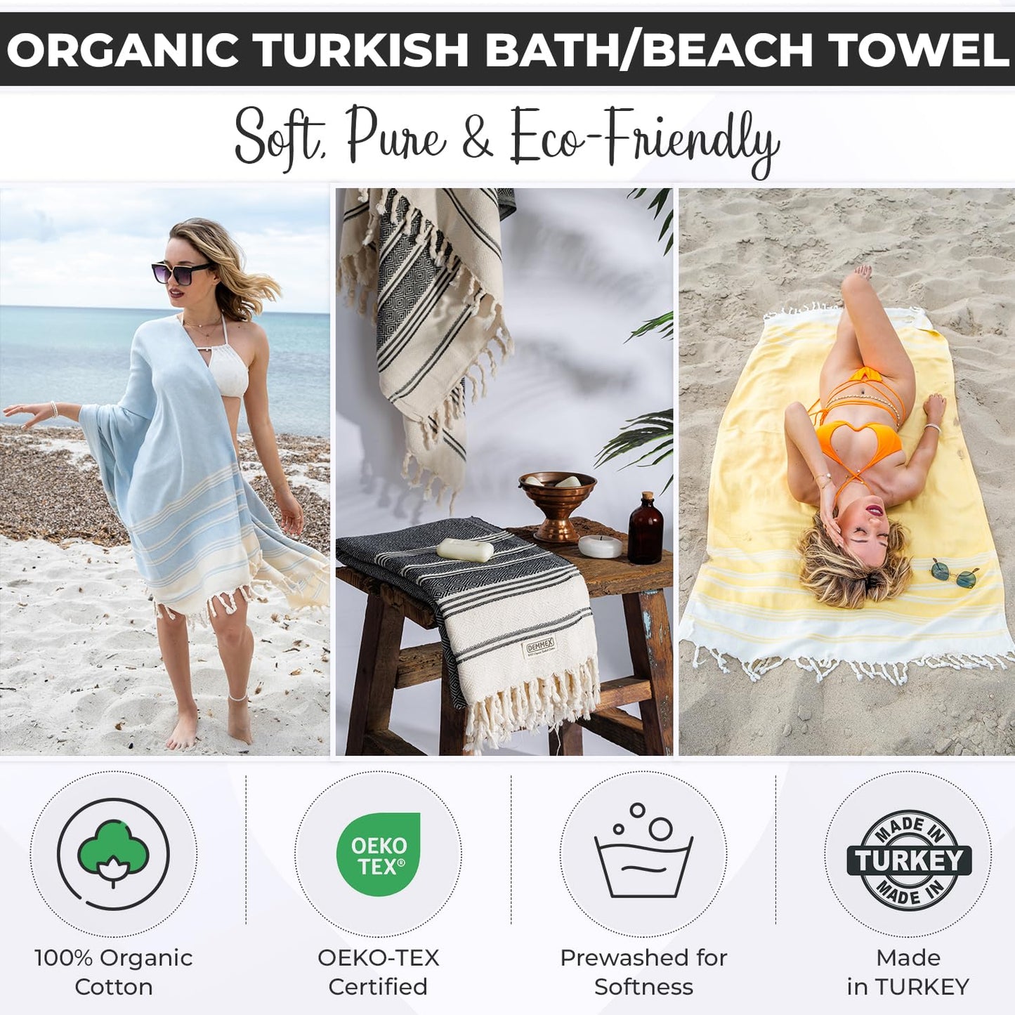 DEMMEX Organic Turkish Cotton Beach Bath Hammam Towel – Quick-Dry, Lightweight, Compact, Sand-Free Beach Towel & Blanket