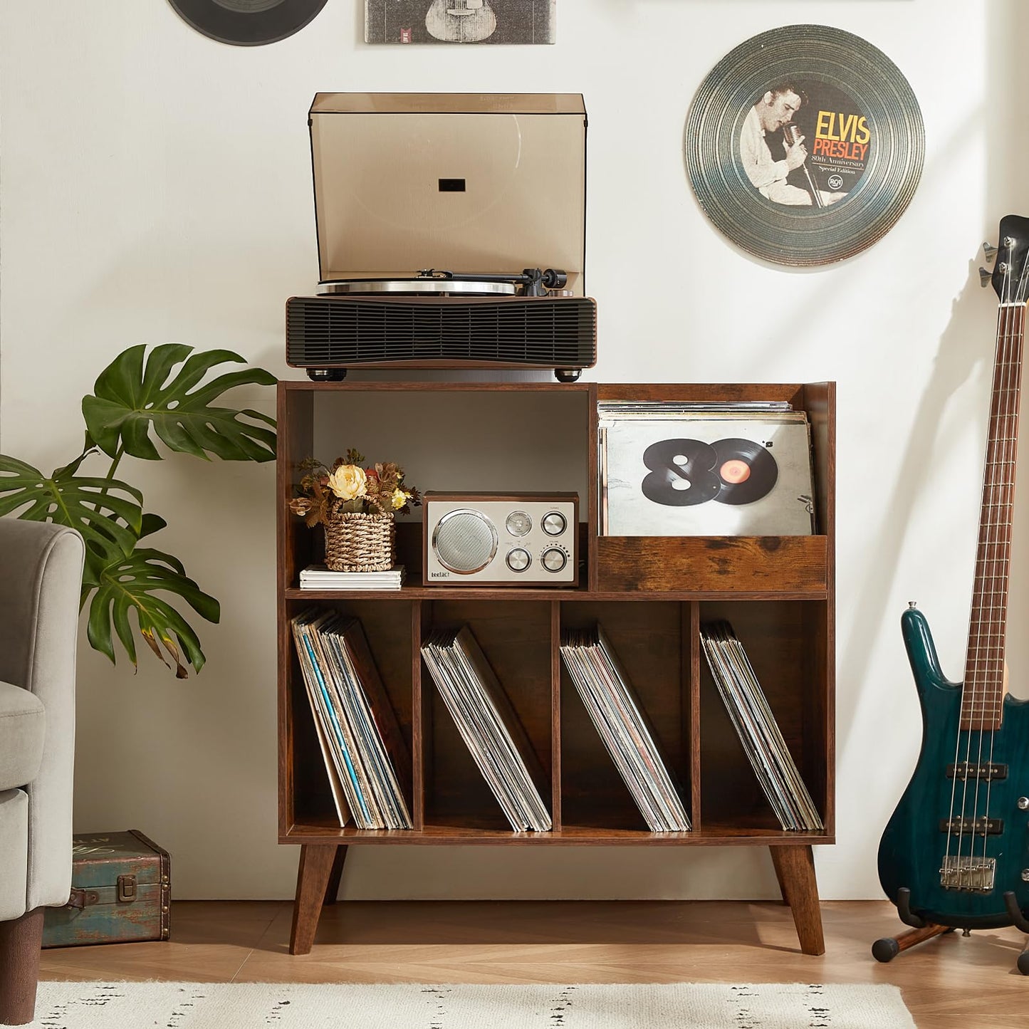 LELELINKY Large Record Stand With Storage and Shelf - Vinyl Holder With Presentation Surface for Up to 300 Albums - Music Room and Living Room