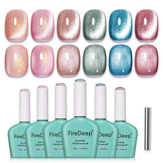 Firedeep Cat Eye Gel Polish Set with Magnet 6 Colors Pink Nude Magnetic Nail Polish DIY at Home Salon Art Gift for Women (10ml *6)