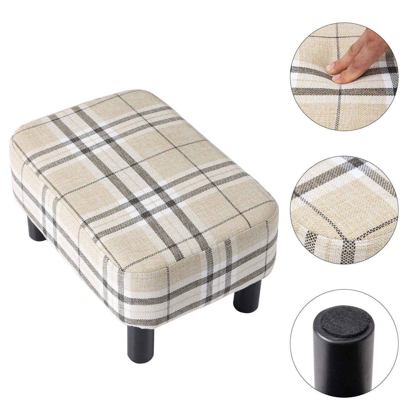 IBUYKE 16.54" Small Footstool Linen Fabric Pouf Ottoman Footrest Modern Home Living Room Bedroom Rectangular Stool, with Padded Seat Pine Wood Legs