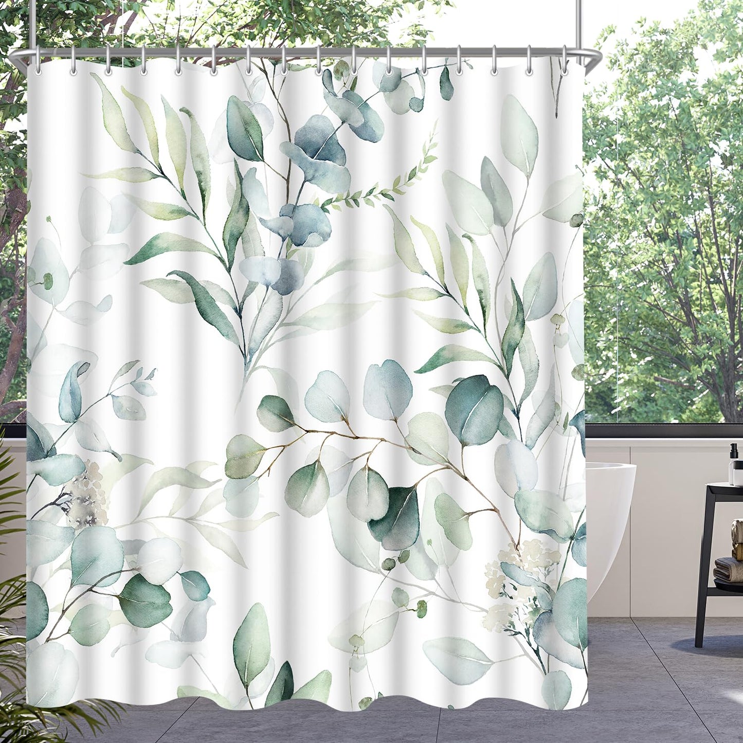 Lerores Shower Curtain, 120 x 200 cm, Leaf, Weighted Hem, Anti-Mould Textile, Water-Repellent, Washable Polyester Bath Curtains with 8 Eyelets and