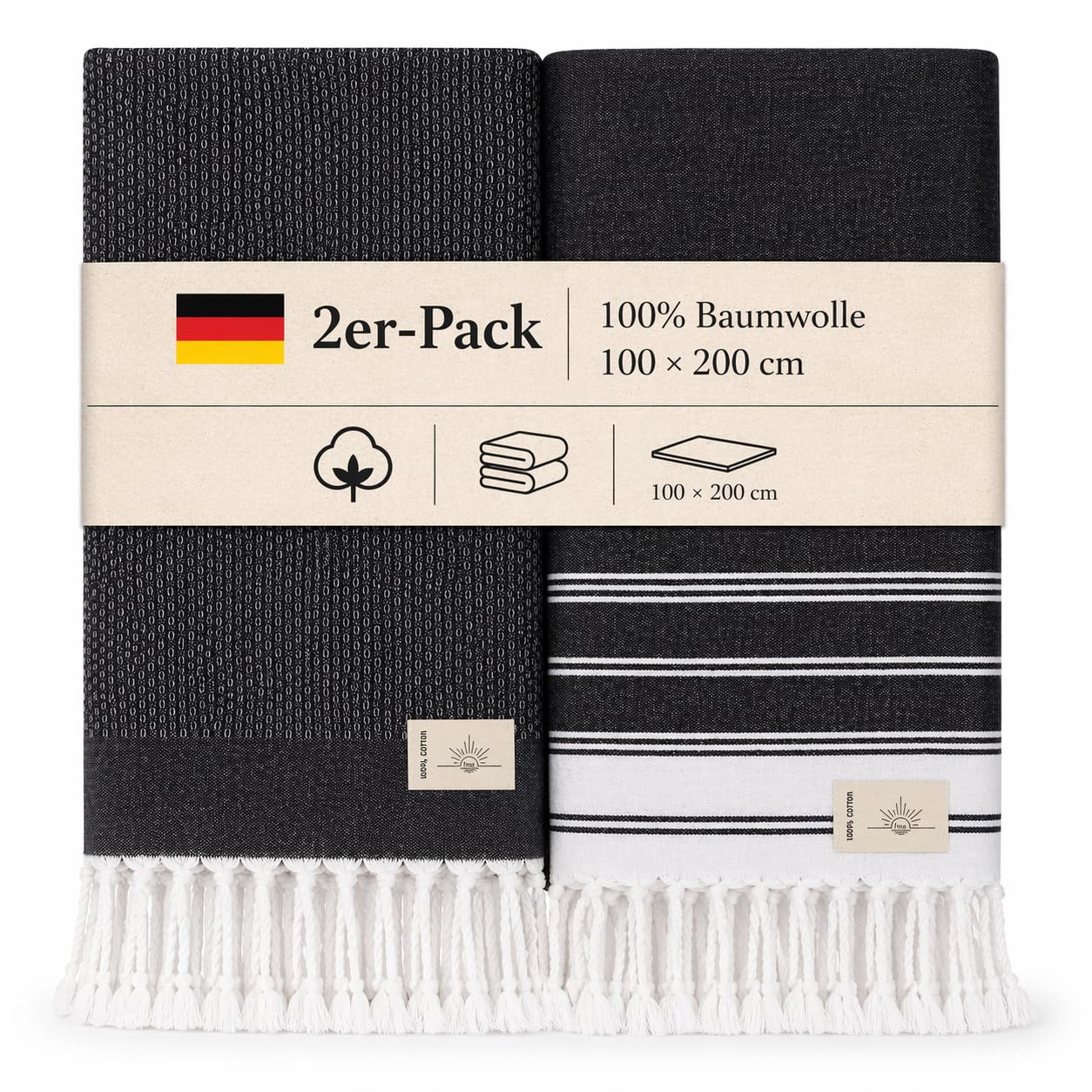 NOUR Premium 100% Cotton Turkish beach towel, Pack of 2, 100 x 200 cm, Picnic Blanket, Sauna & Hammam Towels, Extra Light, Absorbent, Quick-Drying