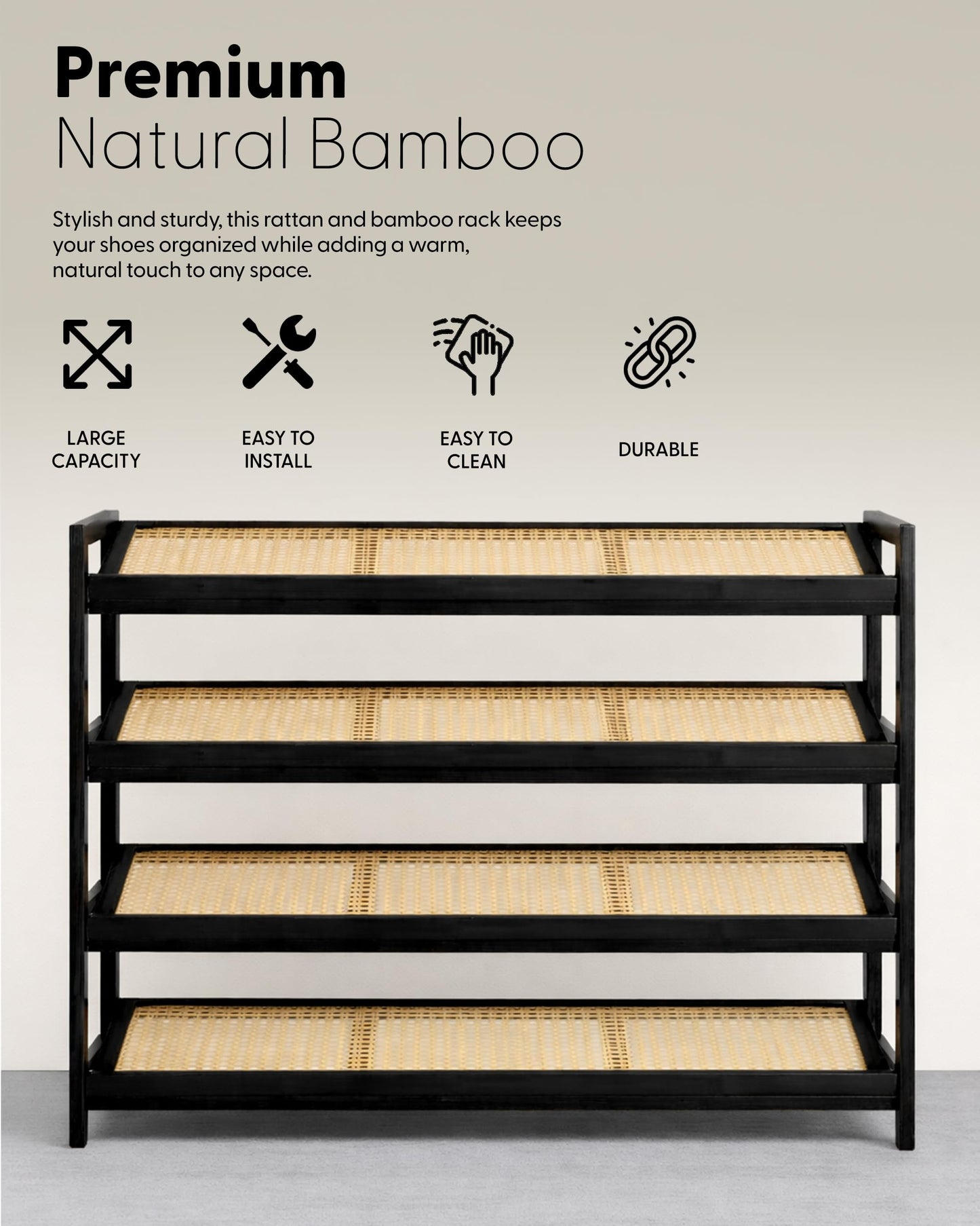 KEPLIN 4 Tier Bamboo and Rattan Shoe Organiser Rack – Eco-Friendly, Durable, Easy Assembly – Compact Design for Entryway, Closet, or Hallway