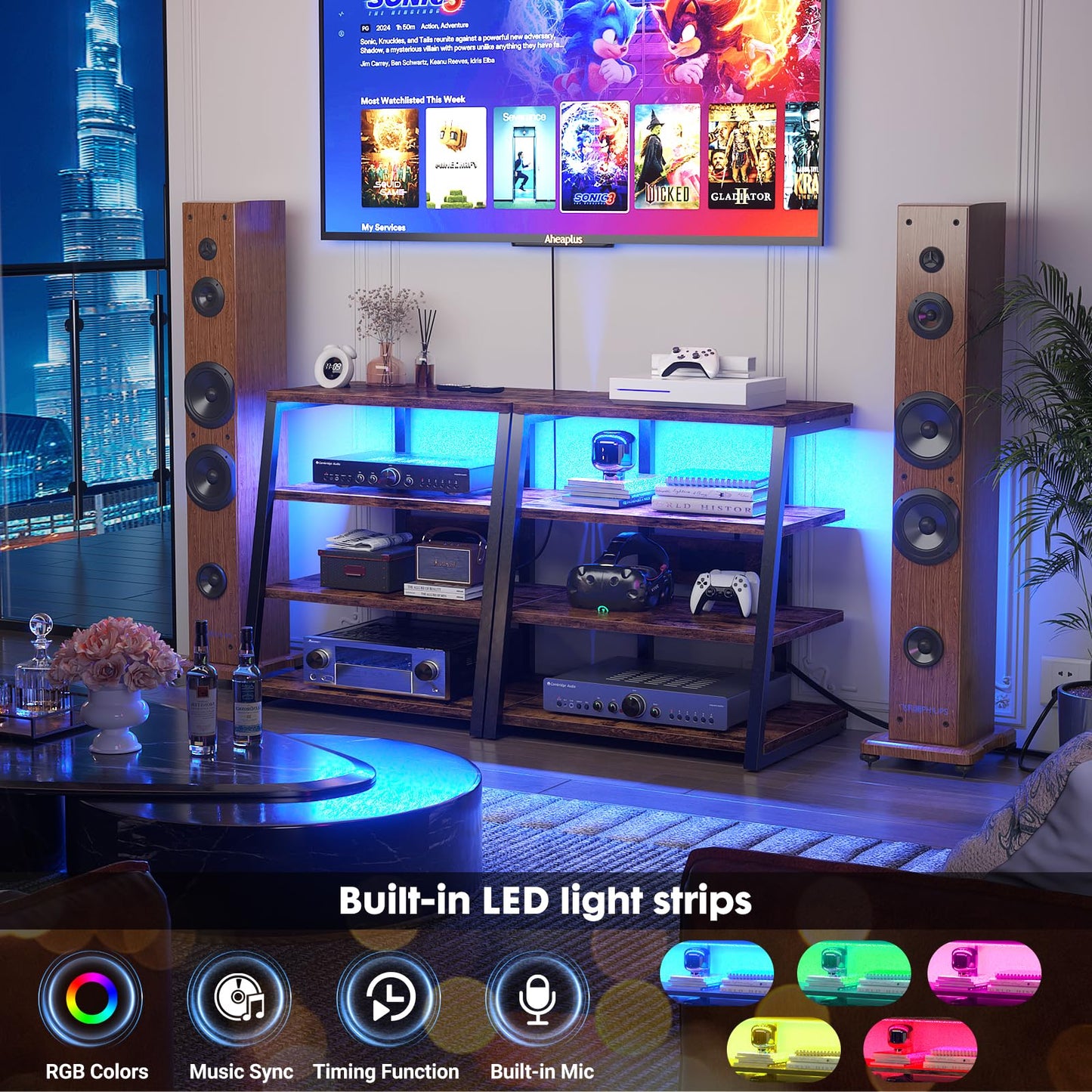 iSunirm HiFi Stand, AV Media Stand with Outlets, 4-Tier Media Console with LED Lights, Record Player Stand With Storage Shelves