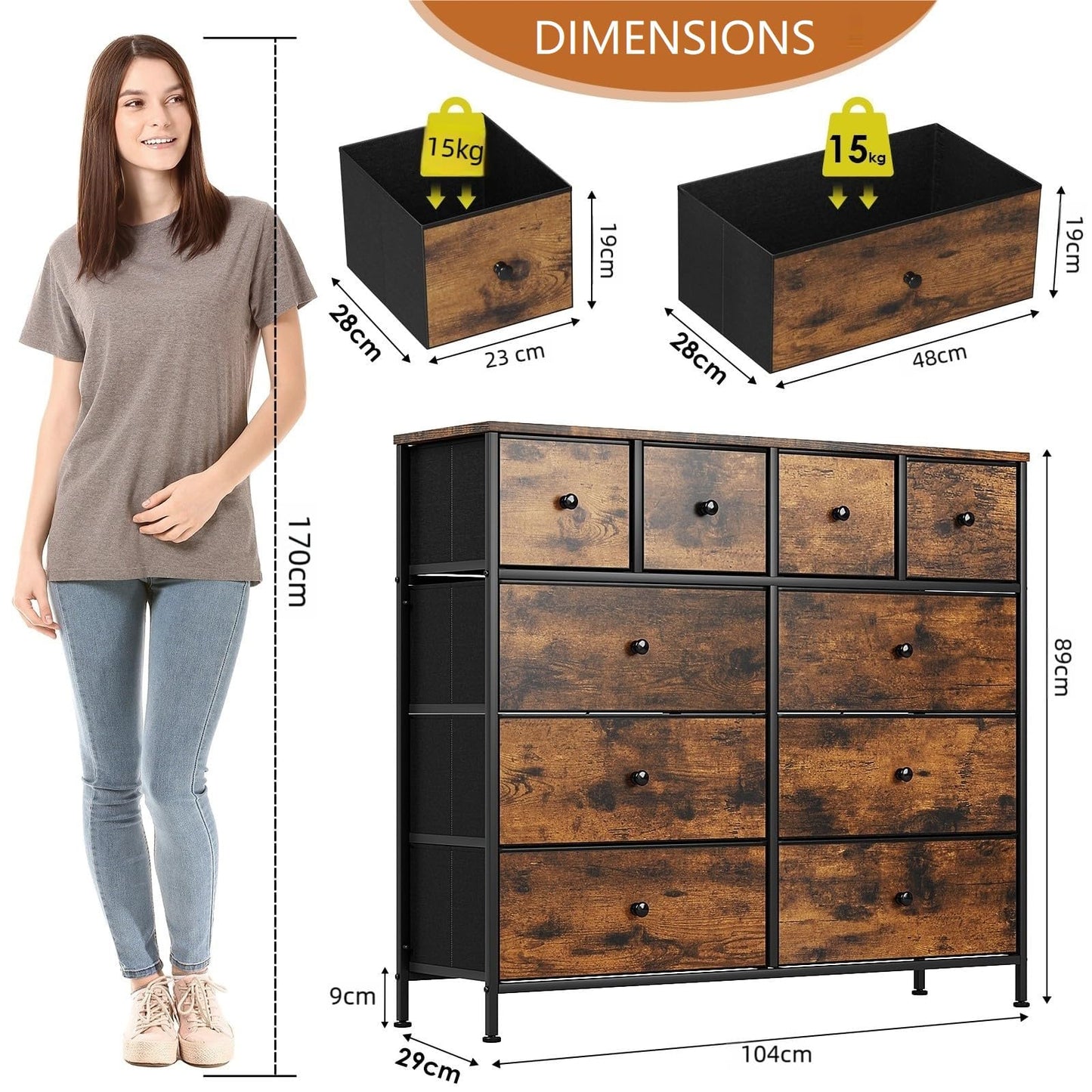 Clevich Chest of Drawers with 10 Fabric Drawers, Wooden top Sideboard, Metal Frame, Anti-Tip Design Storage Cabinet for Bedroom