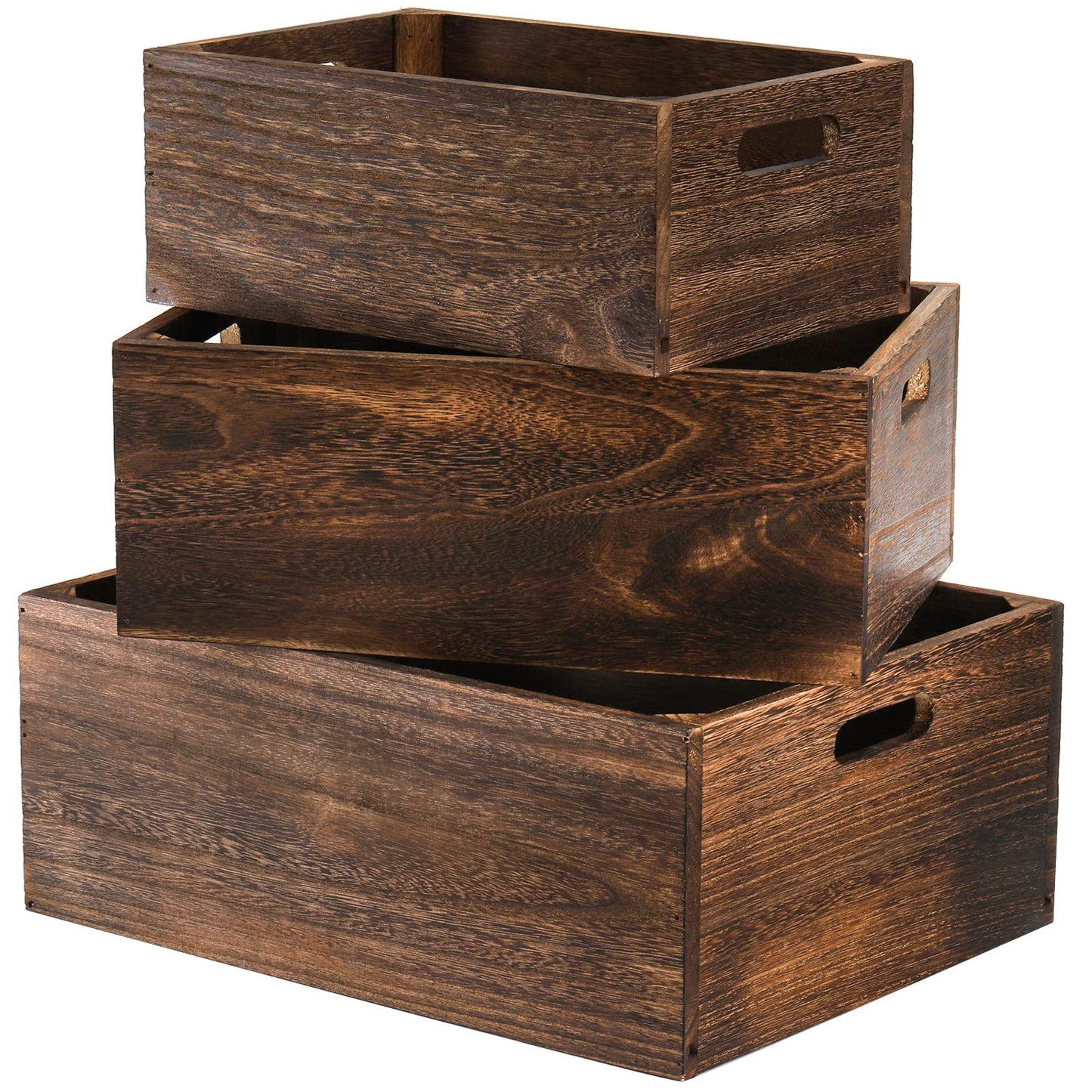 Frcctre Set of 3 Wooden Storage Boxes with Handles, Farmhouse Wood Decorative Boxes, Rustic Handmade Storage Containers, Natural Solid Wood Basket