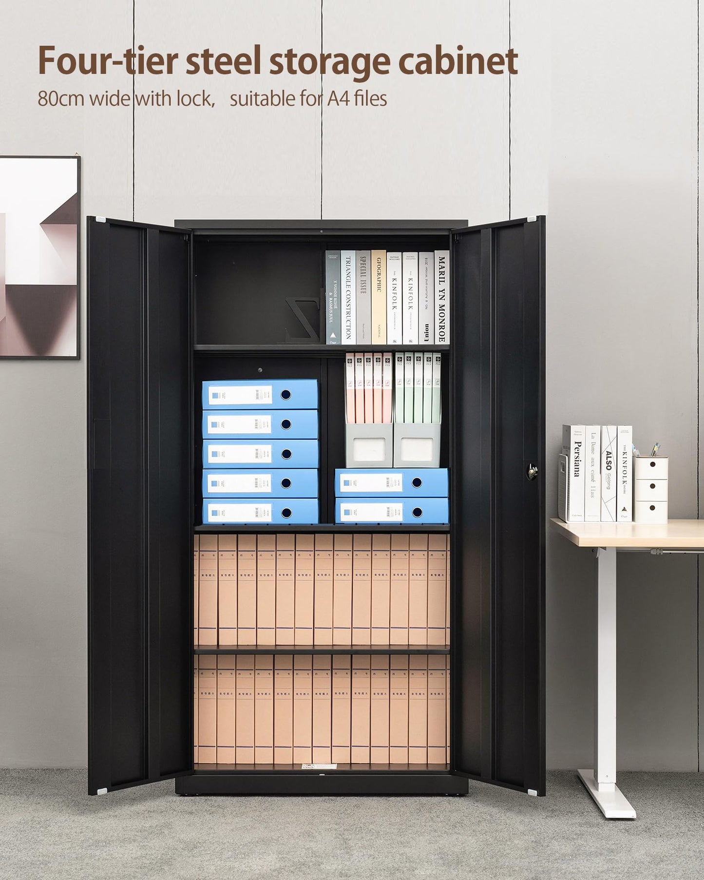 LAND·VOI Steel Storage Cabinet, 4-Tier Lockable Cabinet with Adjustable Shelves, Double-Door Cupboard Storage, For Home, Office Storage