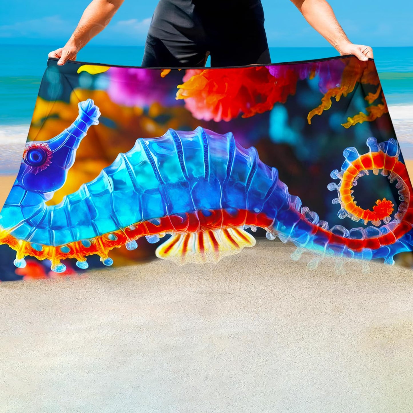 Violetpos Colorful Seahorse Beach Towel, Extra Large 180x90 cm 250GSM Microfibre, Sand Free Quick Dry