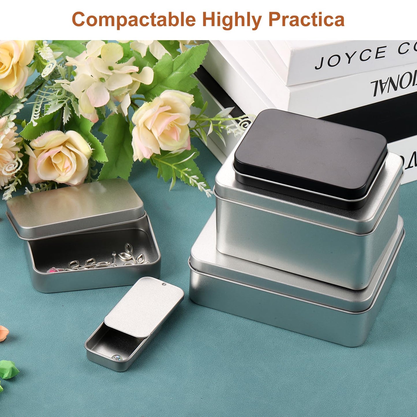 sourcing map Metal Tin Box Containers, 4.2x2.8x1.2 Inch Silver Mini Portable Metal Rectangular Empty Hinged Tins Box with Lid for Candy Tins Gift Card