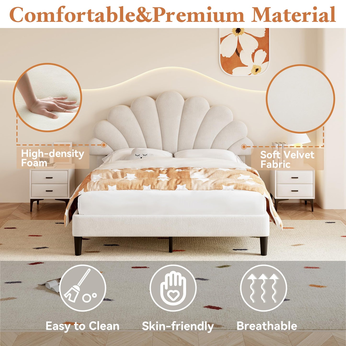 Merax Double bed frame, 4ft6 Double Upholstered Bed, Adjustable Chic Petal Headboard, Sturdy Wooden Slat Support, Velvet Fabric (No Mattress)