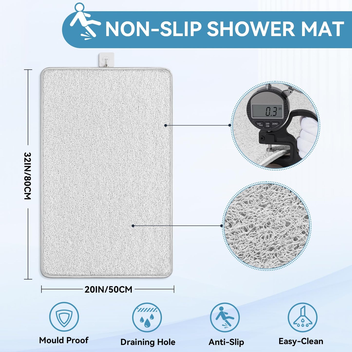 Muecleao Loofah Shower Mat, Non Slip Anti Mould Bath Mats with Reinforced Edge for Inside Shower, Washable Antibacterial Soft PVC Bath Mat with Drain