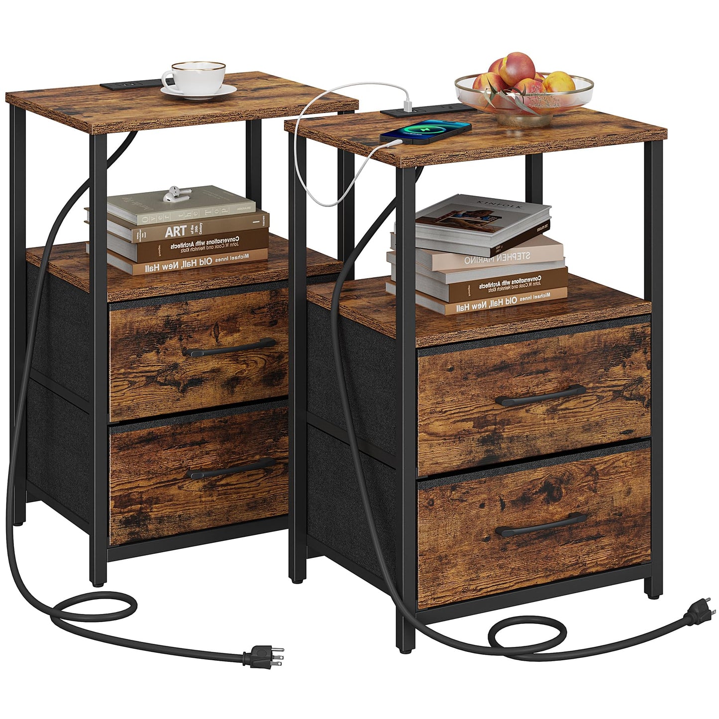 TUTOTAK Bedside Table with Charging Station, Side Table with 2 USB Ports and Outlets, Nightstand with Cloth Drawer, Set of 2, End Table
