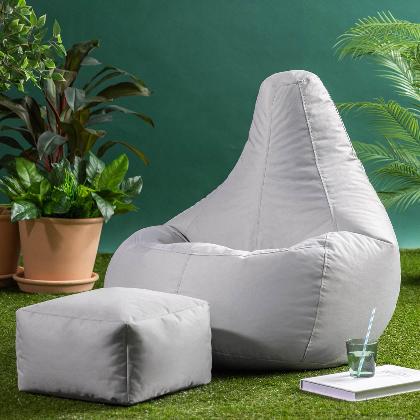 Bean Bag Bazaar Outdoor Bean Bag & Footstool with Filling Included, Grey